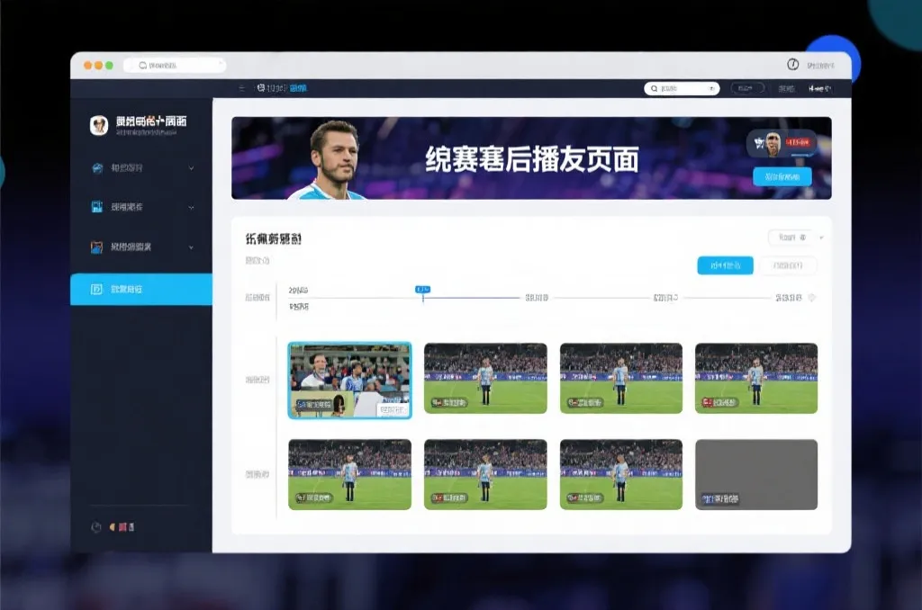 比赛结束后，电视屏幕展示集锦回放页面，旁边有时间轴和多角度切换提示